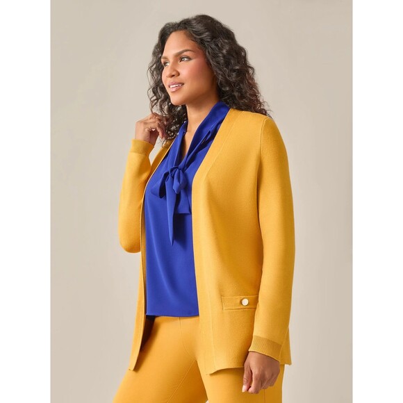 Kasper women's Open-Front Long-Sleeve Sweater Cardigan w.Pockets Yellow Gold XL - Picture 2 of 11